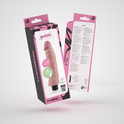 Embalagem rosa e preta com vibrador realista guido e informações do produto