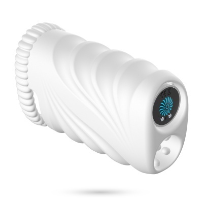 Produto branco em forma de espiral com textura ondulada e painel preto com símbolo azul.