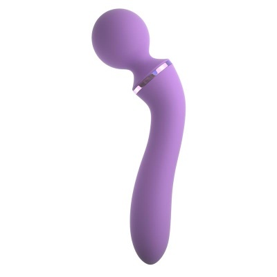 Vibrador massageador roxo curvo com cabeça arredondada e detalhe prateado