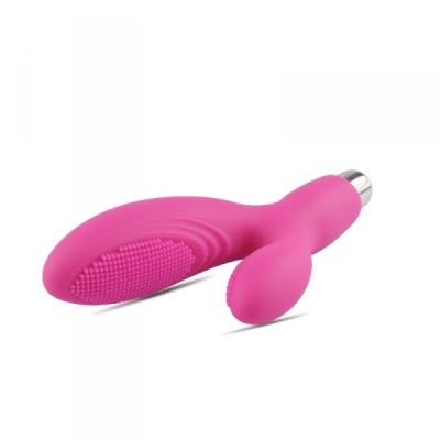 vibrador rosa em silicone com textura e extremidade metálica