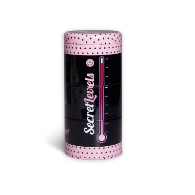 Caixa cilíndrica preta com tampa rosa e pontos pretos, texto Secret Levels e termómetro rosa