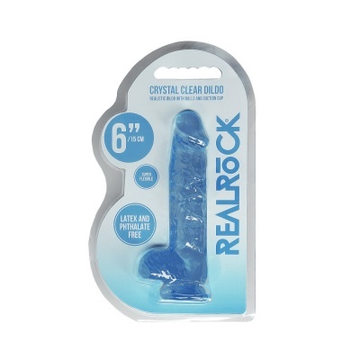Dildo azul transparente com ventosa em embalagem branca e azul