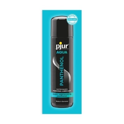 Frasco preto de lubrificante pessoal à base de água com texto em azul, branco e amarelo