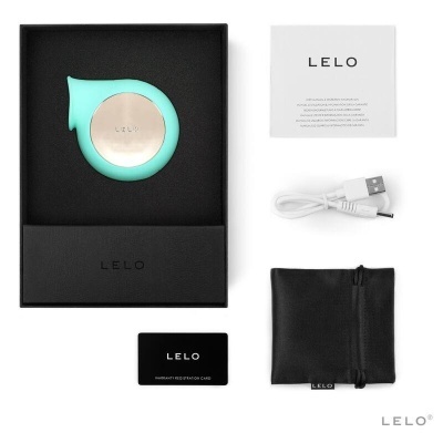 Dispositivo electrónico verde-água e acessórios numa embalagem preta com texto LELO.