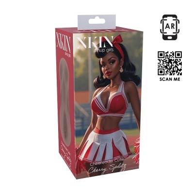 Embalagem vermelha e branca com personagem pin-up cheerleader e texto XXIN pinup girls