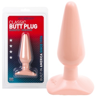 Plug anal clássico médio cor de pele e embalagem com texto em fundo vermelho e azul