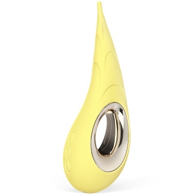 Dispositivo ergonómico amarelo em silicone com detalhe metálico e botões em relevo