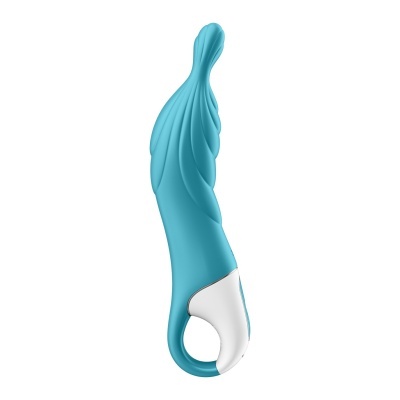 Vibrador azul com textura ondulada e base branca