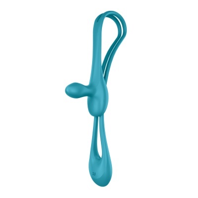 produto azul de silicone com formas curvas e duas alças flexíveis