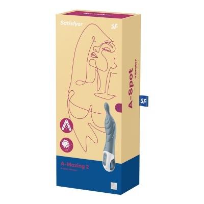 Embalagem do vibrador A-Mazing 2 A-Spot Vibrator da marca Satisfyer com imagem do produto cinza azulado