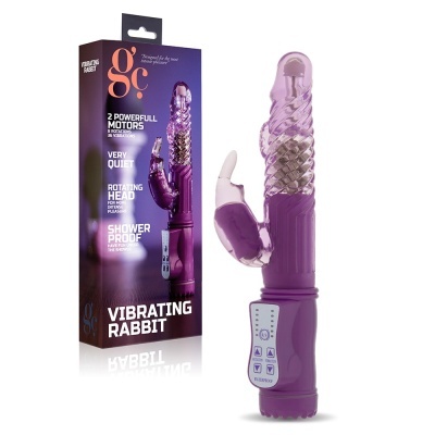 Vibrador coelho roxo com textura espiralada e controlo na base