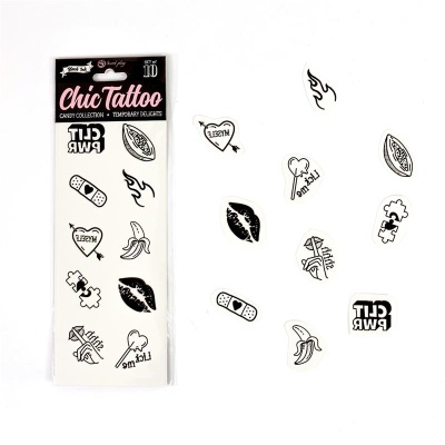 Conjunto de tatuagens temporárias em preto com desenhos variados e textos visíveis.