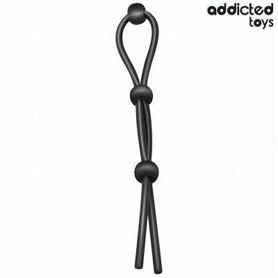Brinquedo erótico preto com esferas deslizantes em fundo branco e texto Addicted Toys