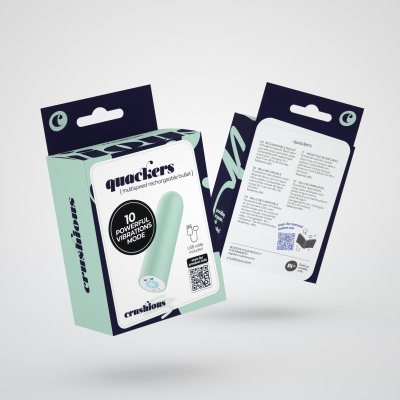 Embalagem de produto vibrador recarregável Quackers com detalhes em azul e verde água e texto informativo