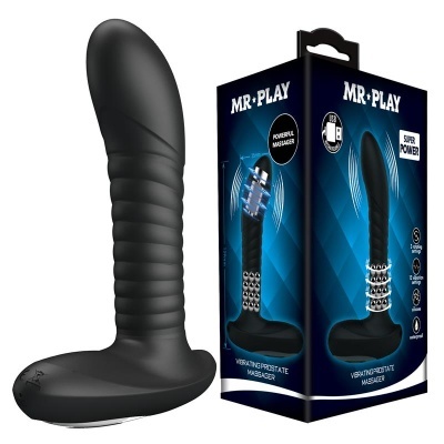 Massageador vibratório de próstata preto com embalagem azul