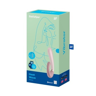 Caixa de vibrador Satisfyer Heat Wave em tons verde e azul com desenho de linha azul e textos variados