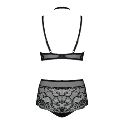 Conjunto de lingerie preta com renda e tule visto de costas