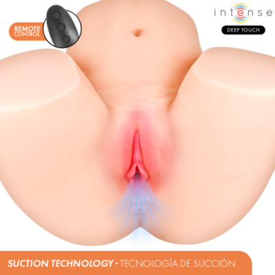 Produto silicone cor pele com controlo remoto preto e textos promocionais em fundo branco