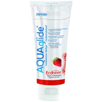 Tubo branco de lubrificante AQUAglide com imagem de morango e texto em azul e vermelho