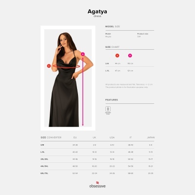 Vestido preto com alças finas ajustáveis usado por modelo com tabela de tamanhos ao lado