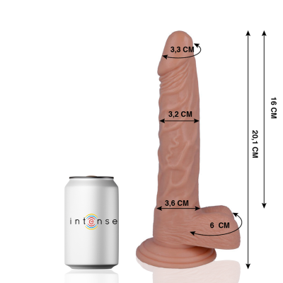 Dildo cor pele detalhado com base de sucção ao lado de lata branca com texto intense