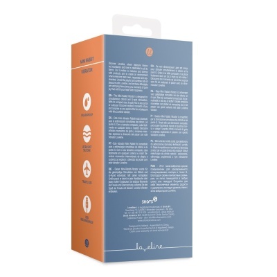 Embalagem vibrador Mini Rabbit azul e laranja com texto e ícones
