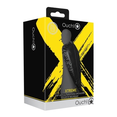 Embalagem de manga de contenção preta com design preto e amarelo da marca Ouch!