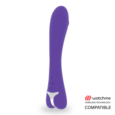 Vibrador roxo com base branca e texto watchme wireless technology compatible
