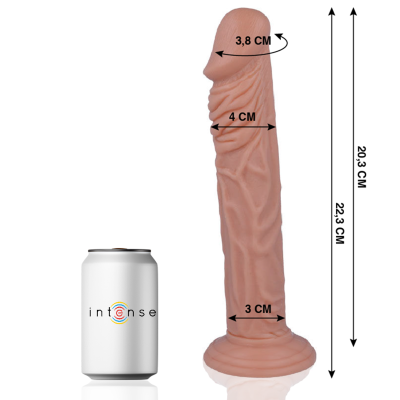 Dildo cor pele com textura e base de sucção ao lado de uma lata com o texto intense