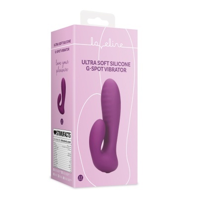 Caixa rosa com vibrador roxo e texto ULTRA SOFT SILICONE G-SPOT VIBRATOR