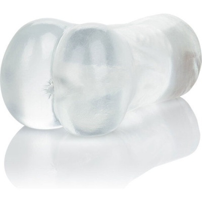 Objeto tubular transparente reflexivo sobre fundo branco