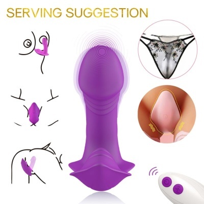 Vibrador roxo anatómico com comando branco roxo e ilustrações