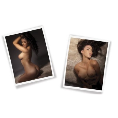 Duas fotografias de mulher nua com fundo escuro e textura felpuda