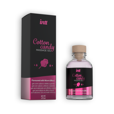 Frasco de gel de massagem rosa com embalagem preta com texto Cotton Candy
