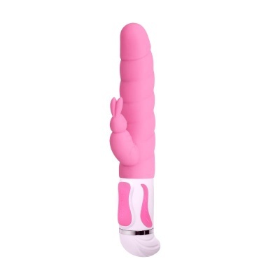 Vibrador rosa com estimulador coelho e base branca