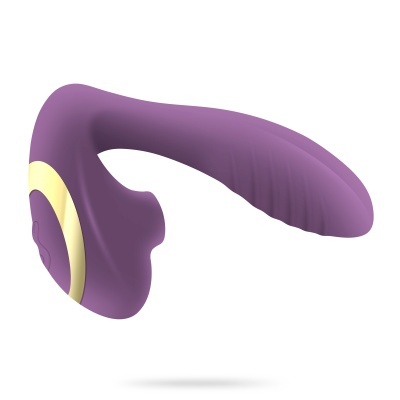Dispositivo curvado roxo com detalhes amarelos em fundo branco