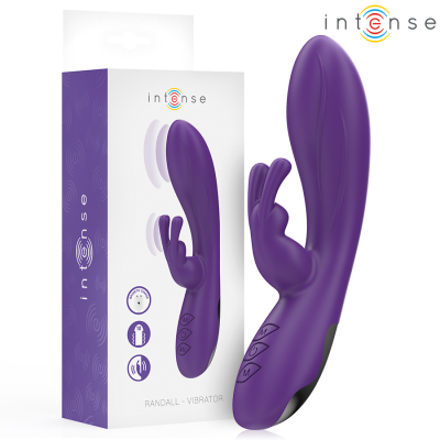 Vibrador roxo Intense Randall com botões e acessório adicional embalado em caixa