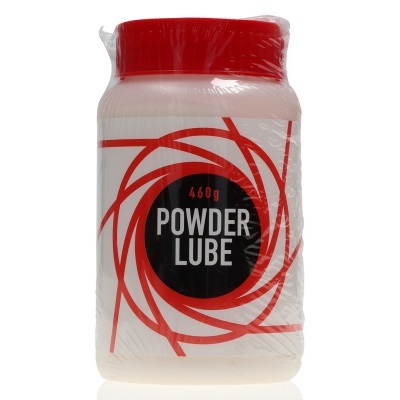 Frasco plástico branco com tampa vermelha de POWDER LUBE 460g