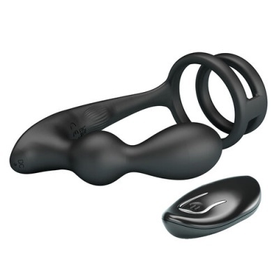 Produto preto de silicone com anéis e pontas bulbosas e comando remoto preto