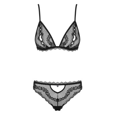 Conjunto lingerie preto em renda com sutiã de alças finas e cueca com recorte frontal