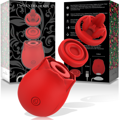 Produto vermelho em forma de rosa com duas cabeças extra e embalagem preta decorada