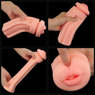 Produto de silicone flexível cor de pele com abertura em forma de lábios, mostrado em quatro ângulos com mão a manipular.