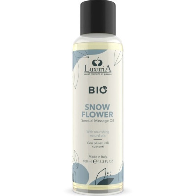 Frasco branco de óleo de massagem LuxuriA com tampa preta e texto azul