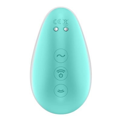 Dispositivo electrónico azul turquesa com botões táteis brancos