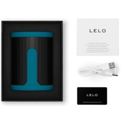 Dispositivo preto e azul LELO com manual, cartão de garantia e cabo USB numa caixa preta.