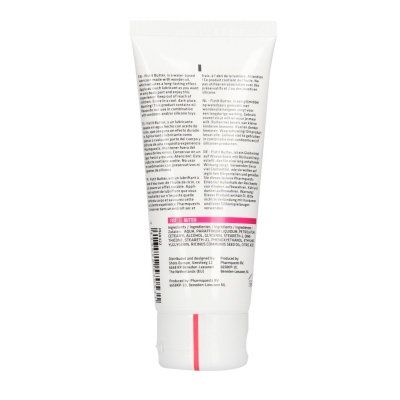 Tubo branco de produto com texto e faixa rosa FISTIT BUTTER