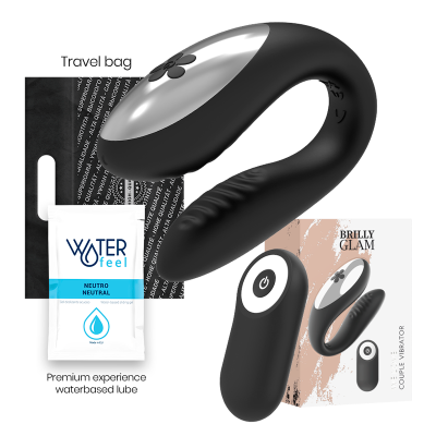 Conjunto vibrador casal preto com telecomando, embalagem e lubrificante