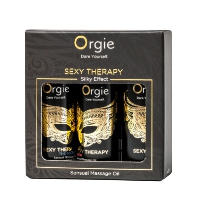 Conjunto de óleo de massagem sensual Orgie Sexy Therapy em embalagem preta com máscara dourada