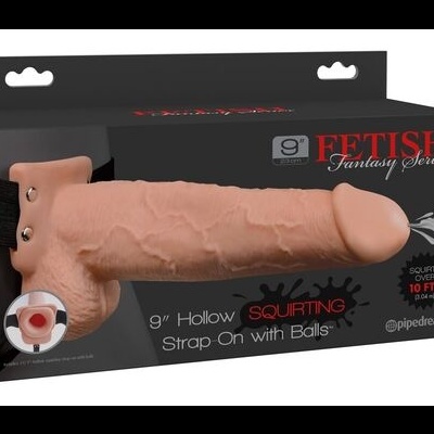 Strap-on oco cor pele clara com testículos na caixa preta Fetish Fantasy