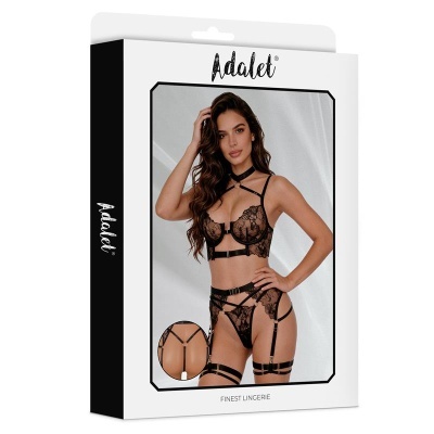 Caixa de lingerie preta em renda com mulher na frente e detalhe das costas